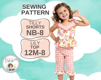 Patrón de top corto y shorts/capris con volantes para niña. Proyecto de costura fácil para niñas. Tallas 12 a 8. Descarga instantánea en PDF. Lacy Tilly