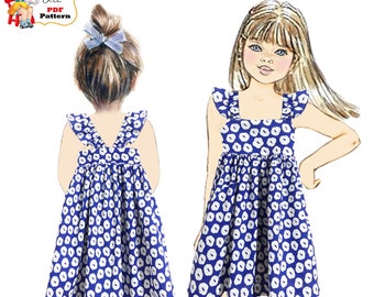 Patron de couture PDF pour robe pour fille. Tailles 2-12. Robe simple pour tout-petit avec manches flottantes en option. Cadeau fille. Modèle pour enfants. Kinsley