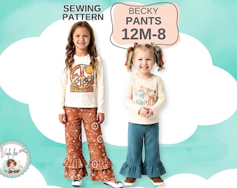 Girl's Ruffle Pants PDF Sewing Pattern. Wide Legged Pants with Single or Double Ruffles. Sizes 12m-8. Becky