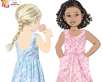 Girl's Summer Dress PDF Sewing Pattern. Large pockets. Neckline Options. Instant Download. Kaity