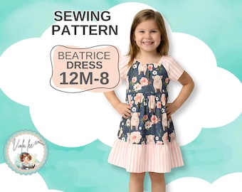 Patrón de costura en PDF para vestido de manga corta y larga. Vestido campesino para niñas en tallas de 12 meses a 8 años. Descarga digital instantánea. Beatrice