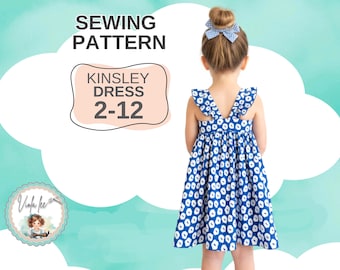 Patrón de costura en PDF para vestido de niña. Tallas 2-12. Vestido sencillo para niña pequeña con mangas con volantes opcionales. Regalo para niña. Patrón para niñas. Kinsley