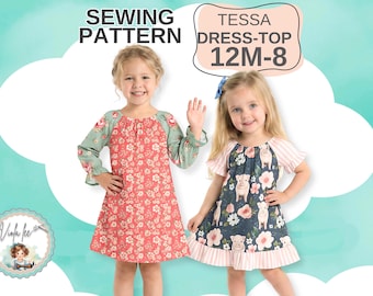 Short & Long Sleeve Dress -Top PDF Sewing Pattern In Girls Sizes 12m to 10.  Instant Download. Tessa