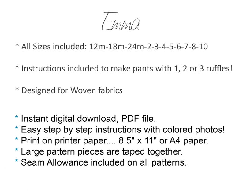 Patrón de costura PDF para pantalones de niña. 1, 2 o 3 pantalones con volantes lazos para el pelo instrucciones para aplicar con plancha. emma imagen 2