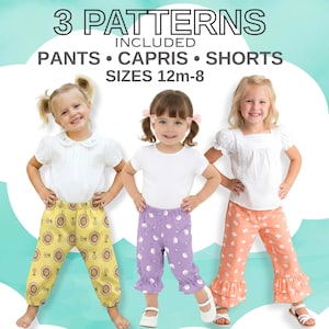 3 Girls Pants PDF Sewing Pattern Bundle. Ruffle Pants, Shorts & Capris included. Sizes 12 Months to 8 Years. Mattie, Becky, Patty