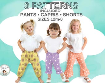 3 Girls Pants PDF Sewing Pattern Bundle. Ruffle Pants, Shorts & Capris included. Sizes 12 Months to 8 Years. Mattie, Becky, Patty
