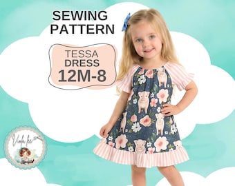 Patrón de costura en PDF para vestido estilo cottagecore para niña, con mangas largas o cortas, en tallas 12 a 10. Descarga inmediata. Tessa