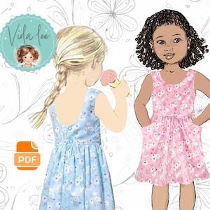 PDF Schnittmuster für Mädchen Kleid mit Große Taschen & Offener Rücken. Kleinkind und Mädchen Größen 6-8. Sofortiger digitaler Download. Kaity
