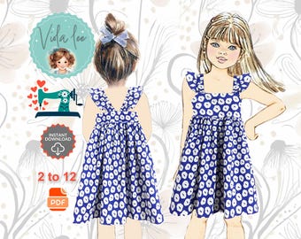 Girls Dress PDF sewing pattern. Sizes 2-12.  Easy toddler dress with Optional flutter sleeves. Girls Gift. Pattern for children. Kinsley