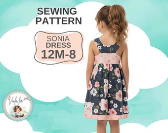 Patrón de costura en PDF para vestido con canesú en la espalda para niña. Incluye patrón de top. Descarga instantánea. Sonia