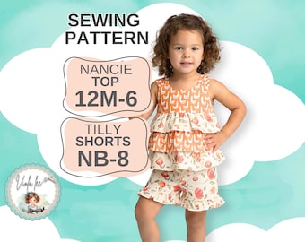 Layered Ruffle Top + Shorts Schnittmuster SET. Größen 12m bis 6. PDF Digital Instant Download. Nancie & Tilly