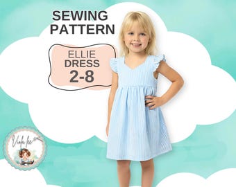 Patrón de costura para vestido infantil de manga corta con mangas con volantes. Tallas 2-8. Descarga digital instantánea en PDF, Ellie.