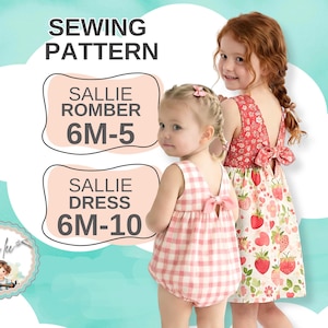 Pode incluir: Um molde de costura para um macacão Sallie nos tamanhos 6M-5 e um vestido Sallie nos tamanhos 6M-10. A imagem mostra um macacão xadrez vichy rosa e branco e um vestido com estampa de morangos, ambos com costas abertas e laços.