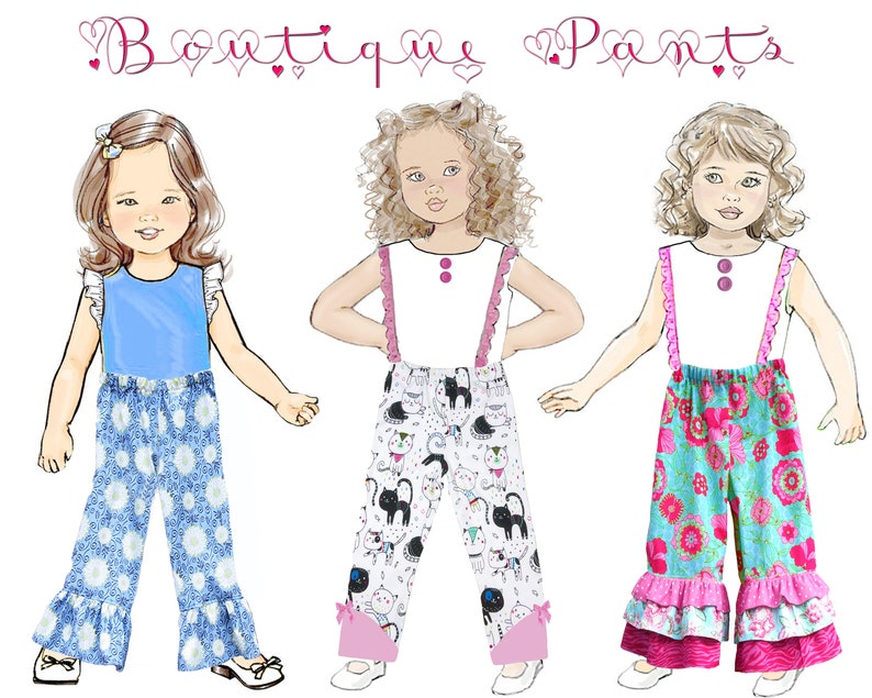 Patrón de costura PDF para pantalones de niña. 1, 2 o 3 pantalones con volantes lazos para el pelo instrucciones para aplicar con plancha. emma imagen 8