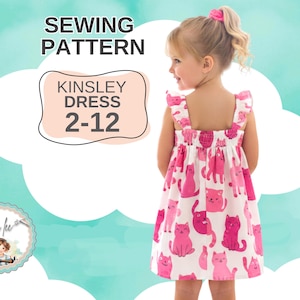 Cute Girls Summer Dress PDF sewing pattern. Easy toddler dress with Optional flutter sleeves. Party, Flower girl Dress. Sizes 2-12. Kinsley