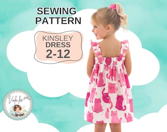 Patrón de costura en PDF para un bonito vestido de verano para niña. Vestido sencillo para niña pequeña con mangas con volantes opcionales. Vestido para fiesta o niña de las flores. Tallas 2-12. Kinsley.