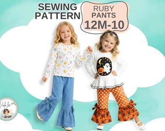 WIDE LEG Girls Ruffle Pants PDF Sewing Pattern. Instant Download. Sizes 12m to 10, Ruby