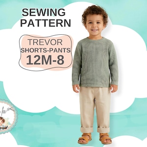 Cartamodello per pantaloni, pantaloncini, pigiami e pantaloni da salotto per bambini. Progetto di cucito fai da te per bambini piccoli. Download immediato del PDF per bambini. Trevor