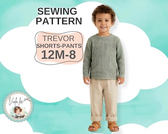 Cartamodello per pantaloni, pantaloncini, pigiama e pantaloni da casa per bambini. Progetto di cucito fai-da-te per bambini piccoli. Download immediato in formato PDF. Trevor