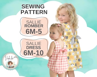 Patrón de costura en PDF para mameluco de bebé y vestido de hermana mayor. Descarga digital instantánea. Sallie
