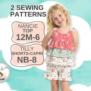 Layered Ruffle Top + Shorts-Capris Sewing Pattern SET. Bundle includes Sizes 12m to 6. PDF Digital Instant Download. Nancie & Tilly