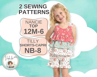Layered Ruffle Top + Shorts-Capris Sewing Pattern SET. Bundle includes Sizes 12m to 6. PDF Digital Instant Download. Nancie & Tilly