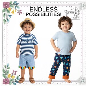 Cartamodello per pantaloni, pantaloncini, pigiama e pantaloni da casa per bambini. Progetto di cucito fai-da-te per bambini piccoli. Download immediato in formato PDF. Trevor immagine 4