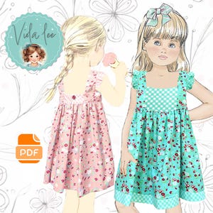 Patrón de costura en PDF para vestido de verano con mangas abullonadas para niña. Espalda abierta. Descarga instantánea. Ideal para principiantes. Willow.