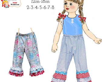 Girls Ruffle Pants & Capris PDF Sewing Pattern. Slimmer fit with tapered legs. PDF Digital Instant Download. Annabelle