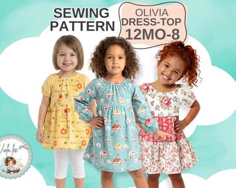 Girls Tiered Peasant Dress-Top PDF Sewing Pattern. Short and Long Sleeve Options. Instant Digital Download Olivia