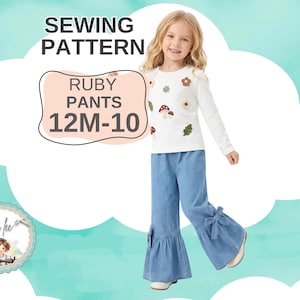 WIDE LEG Girls Ruffle Pants PDF Sewing Pattern. Instant Download. Sizes 12m to 10, Ruby