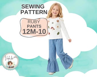 WIDE LEG Girls Ruffle Pants PDF Sewing Pattern. Instant Download. Sizes 12m to 10, Ruby