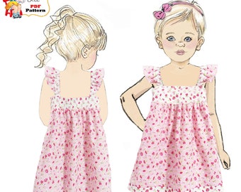 Girls Dress PDF sewing pattern. Sizes 2-12.  Easy toddler dress with Optional flutter sleeves. Pattern for children. Kinsley