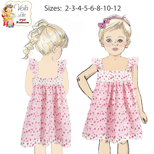 Girls Dress PDF sewing pattern. Sizes 2-12.  Easy toddler dress with Optional flutter sleeves. Pattern for children. Kinsley