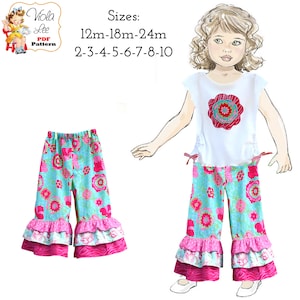 Girls Pants PDF Sewing Pattern. 1, 2 or 3 Ruffle Pants Scrunch Ties iron-on Applique Instructions. Emma 画像 1