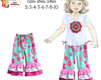 Girls Pants PDF Sewing Pattern. 1, 2 or 3 Ruffle Pants + Scrunch Ties + iron-on Applique Instructions. Emma