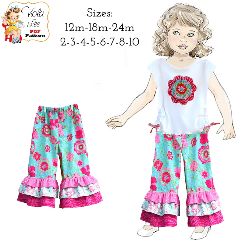 Girls Pants PDF Sewing Pattern. 1, 2 or 3 Ruffle Pants Scrunch Ties iron-on Applique Instructions. Emma 画像 1