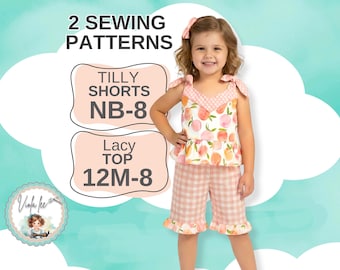Schnittmuster-Set: Crop-Top, Rüschenshorts und Caprihose für Mädchen. Einfaches Nähprojekt für Kinder (12–8 Monate). PDF-Bundle, sofortiger Download. Lacy Tilly