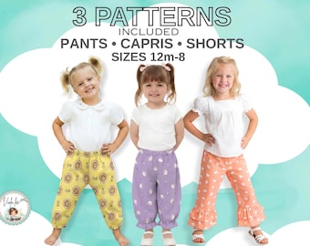 3 Girls Pants PDF Sewing Pattern Bundle. Ruffle Pants, Shorts & Capris included. Sizes 12 Months to 8 Years. Mattie, Becky, Patty