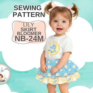 Cartamodello per gonna con volant e pantaloni a campana attaccati per neonati. Taglie per neonati dalla NB alla 24 m. Cartamodello digitale in PDF, download immediato. Lily