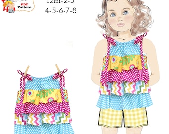 Girls Layered Ruffle Summer Top Sewing Pattern. PDF Digital Instant Download.  Rachel