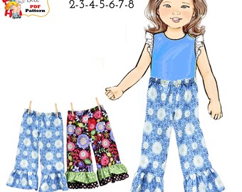 Girl's Ruffle Pants PDF Sewing Pattern. Single or Double Ruffles.  Sizes included 12m-8 Becky