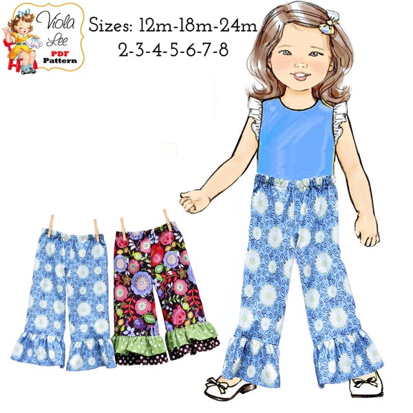 Girl's Ruffle Pants PDF Sewing Pattern. Single or Double Ruffles.  Sizes included 12m-8 Becky