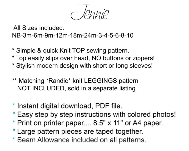Easy KNIT Girls Tunic TOP PDF Sewing Pattern. 2 Styles With Short or