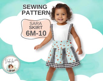 Patrón de costura en PDF para falda de tiras para niña. Ideal para tus retales de tela. Tallas: 6 M-10. Descarga instantánea. Sara