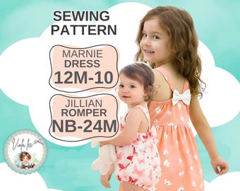 Patrones de vestido y mono para niñas. Conjunto de vestido y mono a juego para hermana mayor y hermana menor. Jillian y Marnie