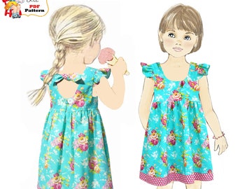 Girls Summer Dress & Top PDF sewing pattern. Open back with flutter sleeve option. Instant download. Sadie
