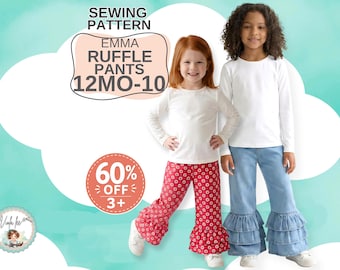Girls Wide Leg Ruffle Pants Sewing Pattern. 1, 2 or 3 Ruffles. PDF Instant Download, Sizes 12m to 10. Emma