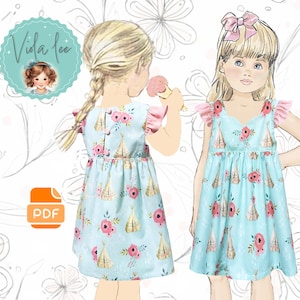 Dress Sewing Pattern for Girls. Girls & Toddler sizes. Summer Party Dress with Flutter Sleeves, sleeveless or Short Sleeves. PDF Ellie