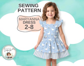 Vestido con volantes en capas y mangas con vuelo. Patrón de costura digital en PDF, descarga instantánea. Maryanna